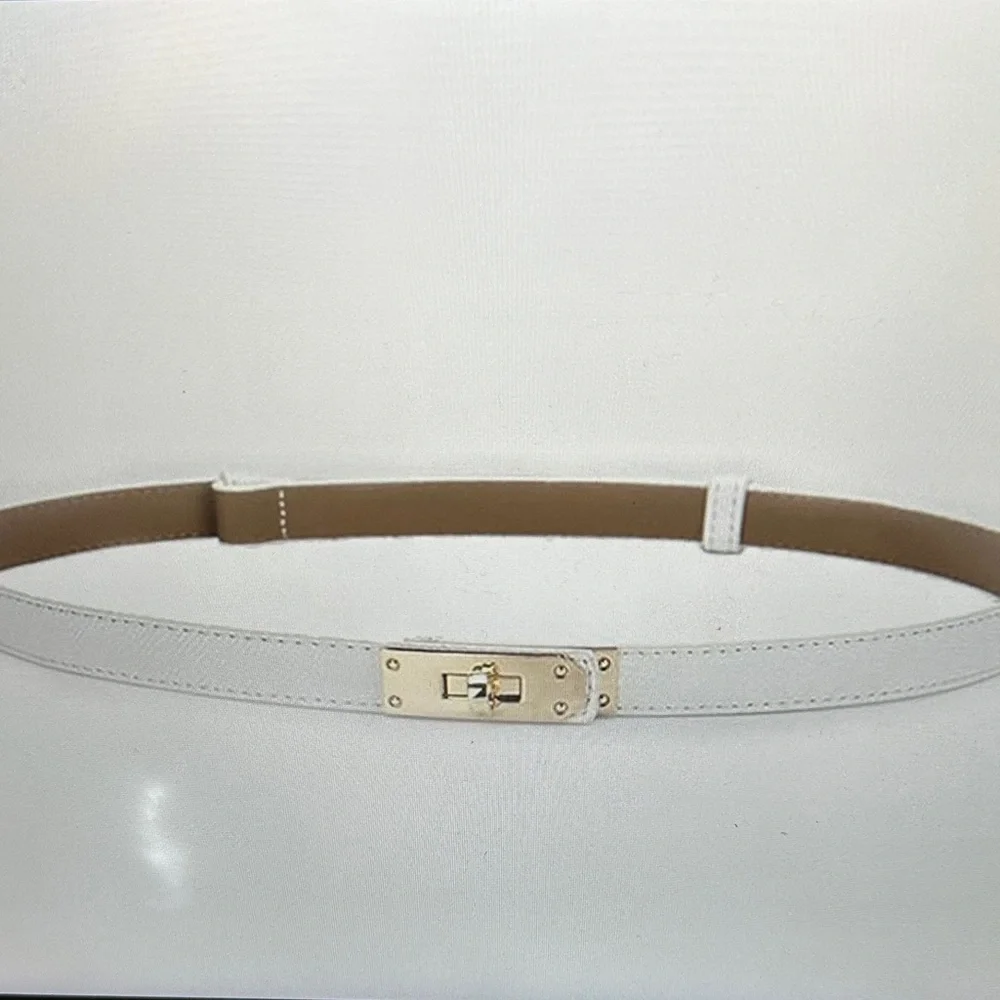 Women’s White Leather Belt with Gold Turn-Lock